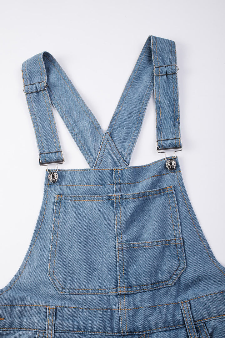 Light Blue Retro Bib Pocket Buckle Straps Casual Denim Jumpsuit