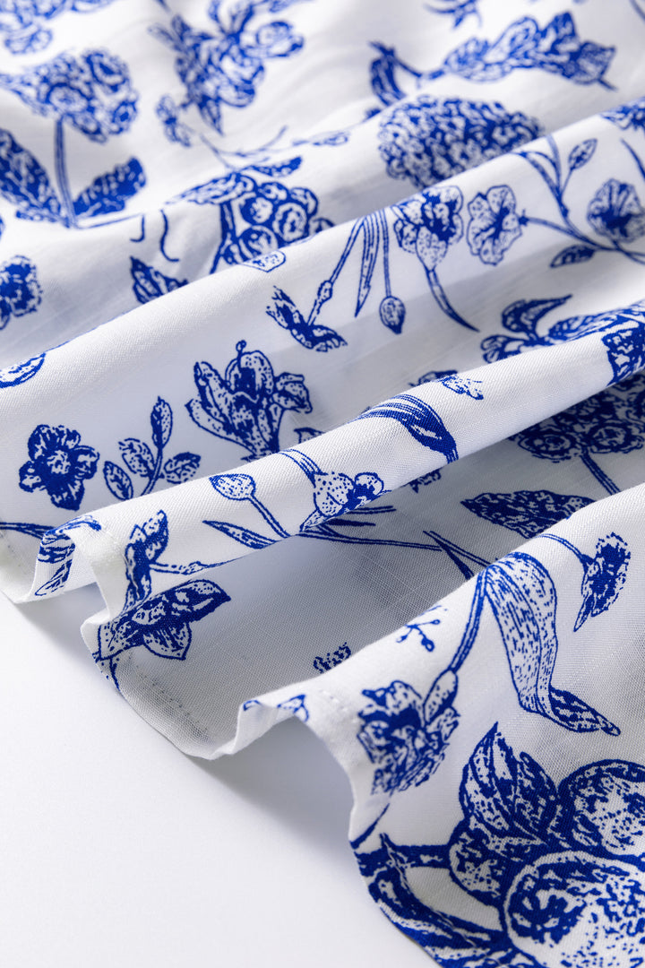 Blue Ruffled Short Sleeve Tiered Floral Midi Dress