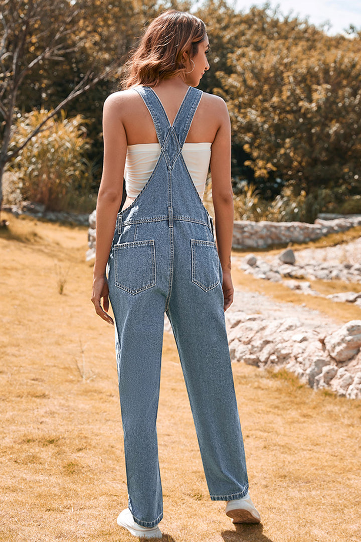 Light Blue Retro Bib Pocket Buckle Straps Casual Denim Jumpsuit