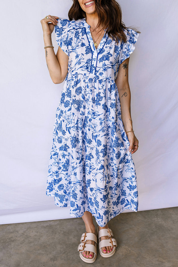Blue Ruffled Short Sleeve Tiered Floral Midi Dress