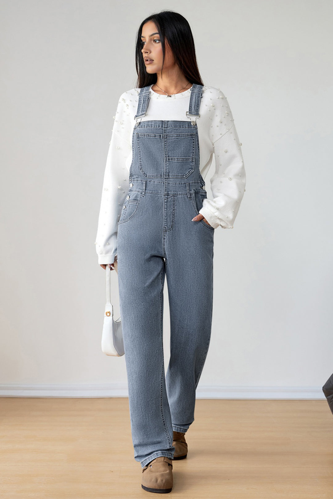 Light Blue Retro Bib Pocket Buckle Straps Casual Denim Jumpsuit
