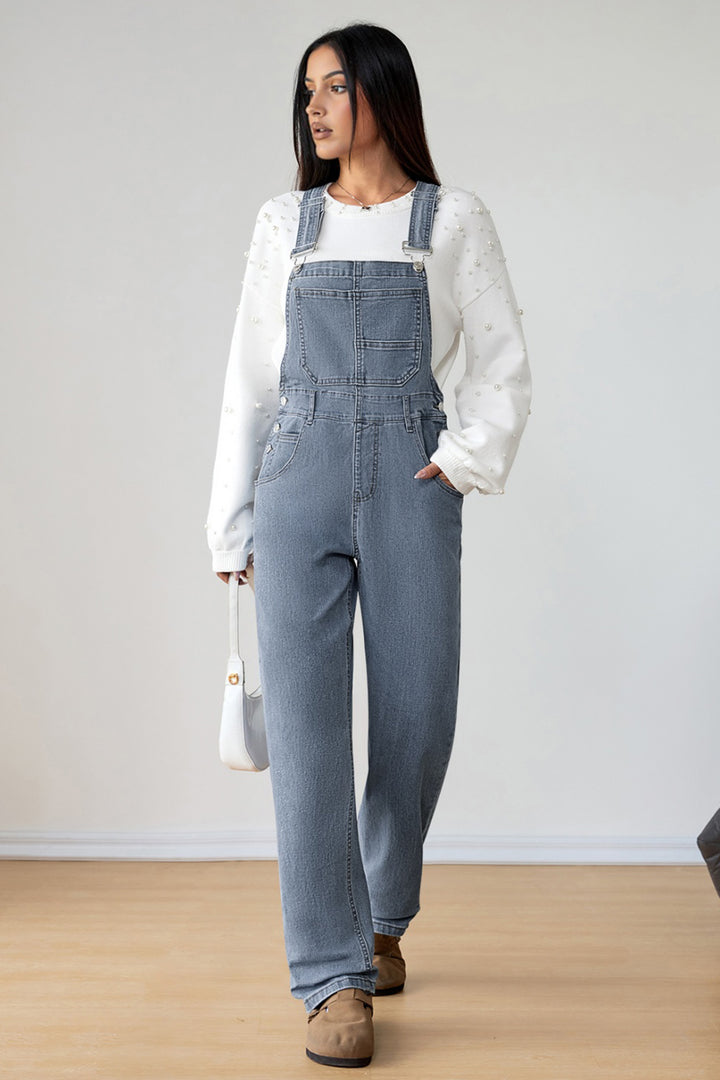 Light Blue Retro Bib Pocket Buckle Straps Casual Denim Jumpsuit
