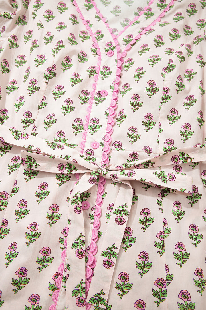 Pink Floral Print V Neck Scallop Trim Button Front Short Sleeve Long Dress
