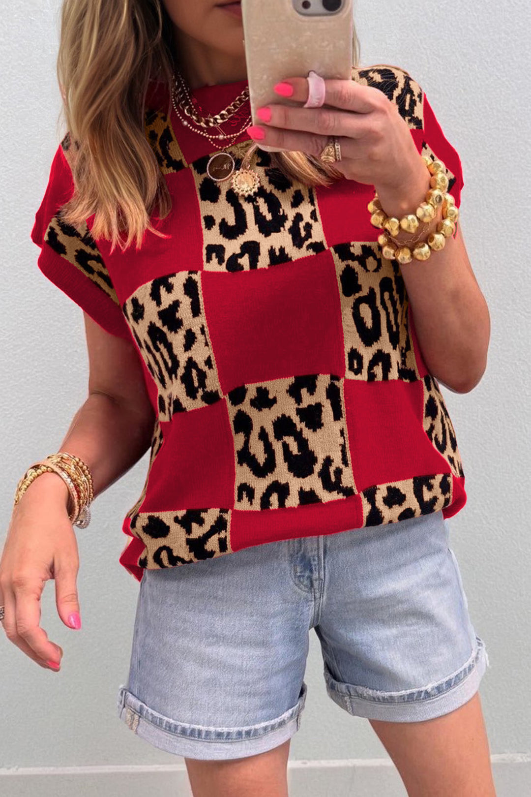 Black/Red/Green Leopard Checkerboard Short Sleeve Knit Sweater
