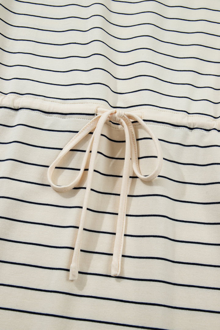 Beige Stripe Drawstring Tunic Tank Mini Dress with Pockets