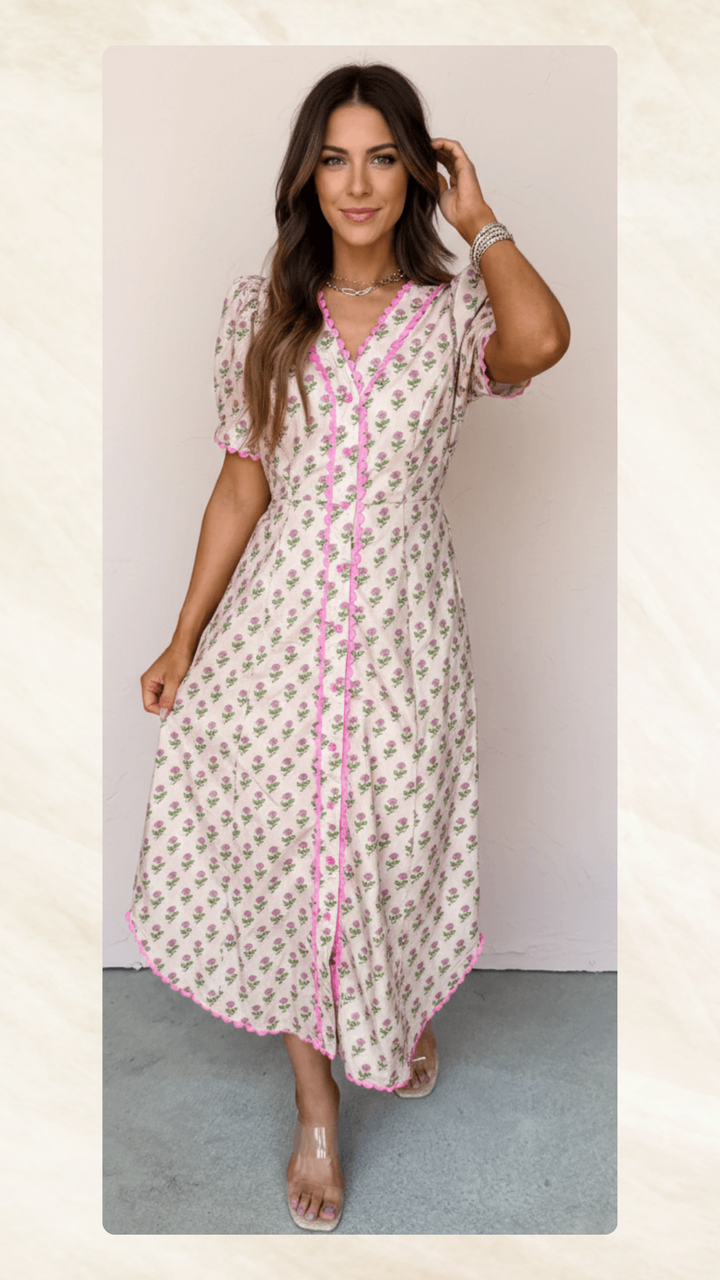 Pink Floral Print V Neck Scallop Trim Button Front Short Sleeve Long Dress