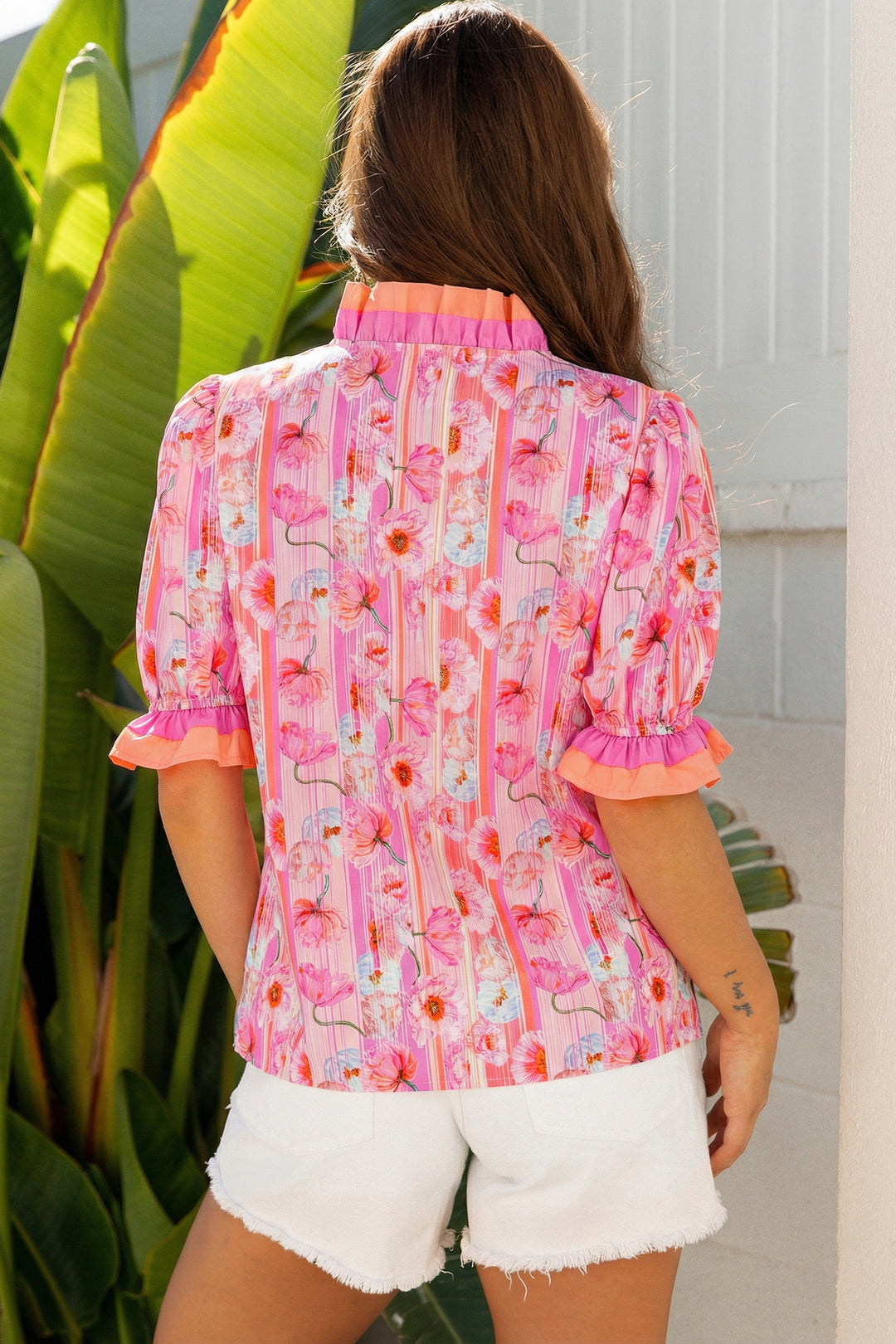 Pink Poppy Flower Striped Print Color Block Trim V Neck Short Sleeve Blouse