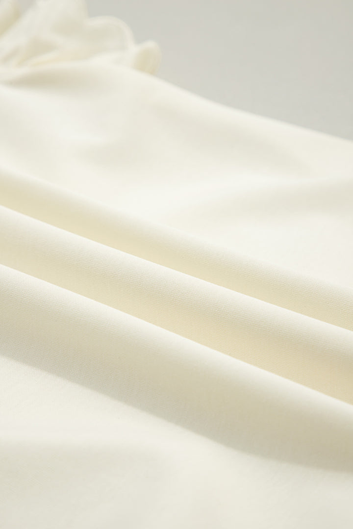 Beige Zipped up Collared Ruffled Short Sleeve Blouse