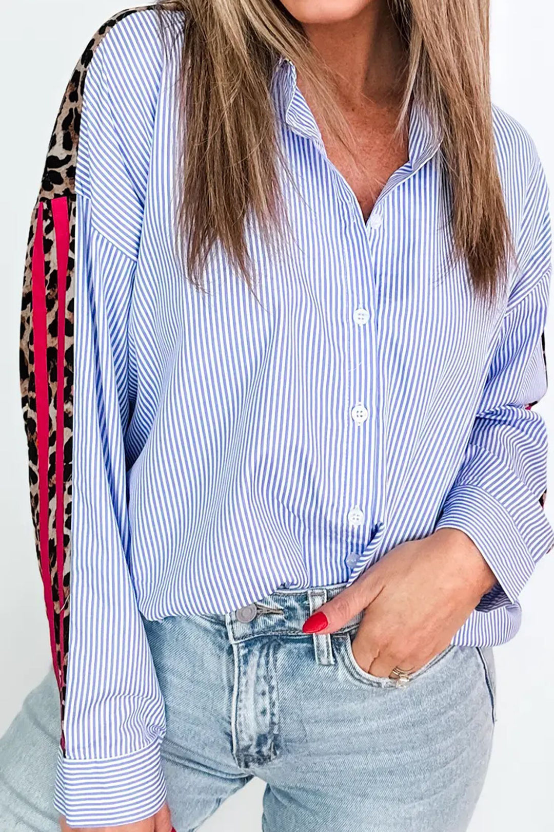 Sky Blue Stripe Contrasted Varsity Stripe Leopard Patchwork Button Down Shirt