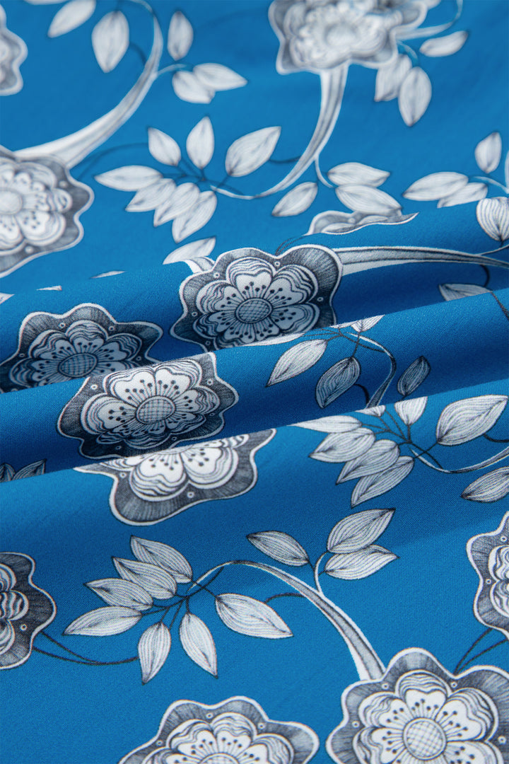 Blue Floral Print Button Tie Neck Striped Detail Short Sleeve Blouse