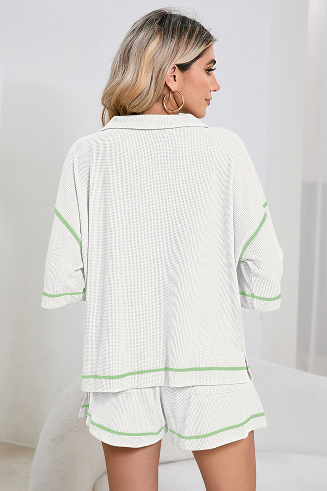 White Breathable Waffle Color Block Trim 2pcs Casual Short Set