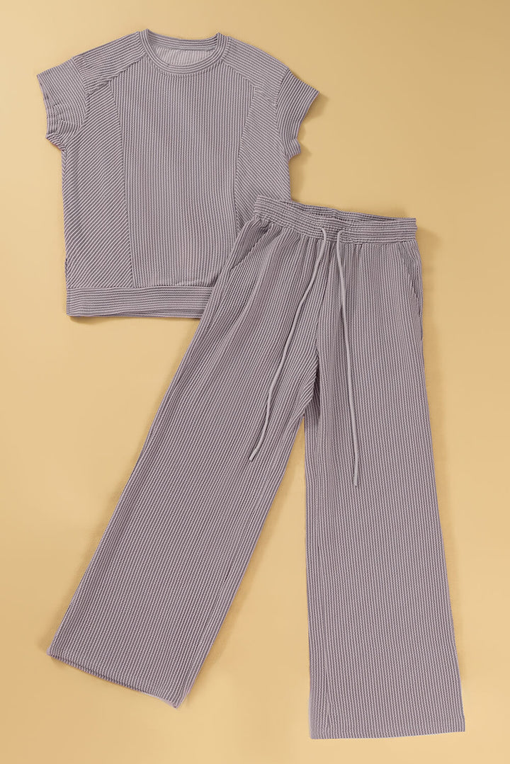 Wild Wind Solid Corded Knit Short Sleeve T Shirt and Wide Leg Pants Set