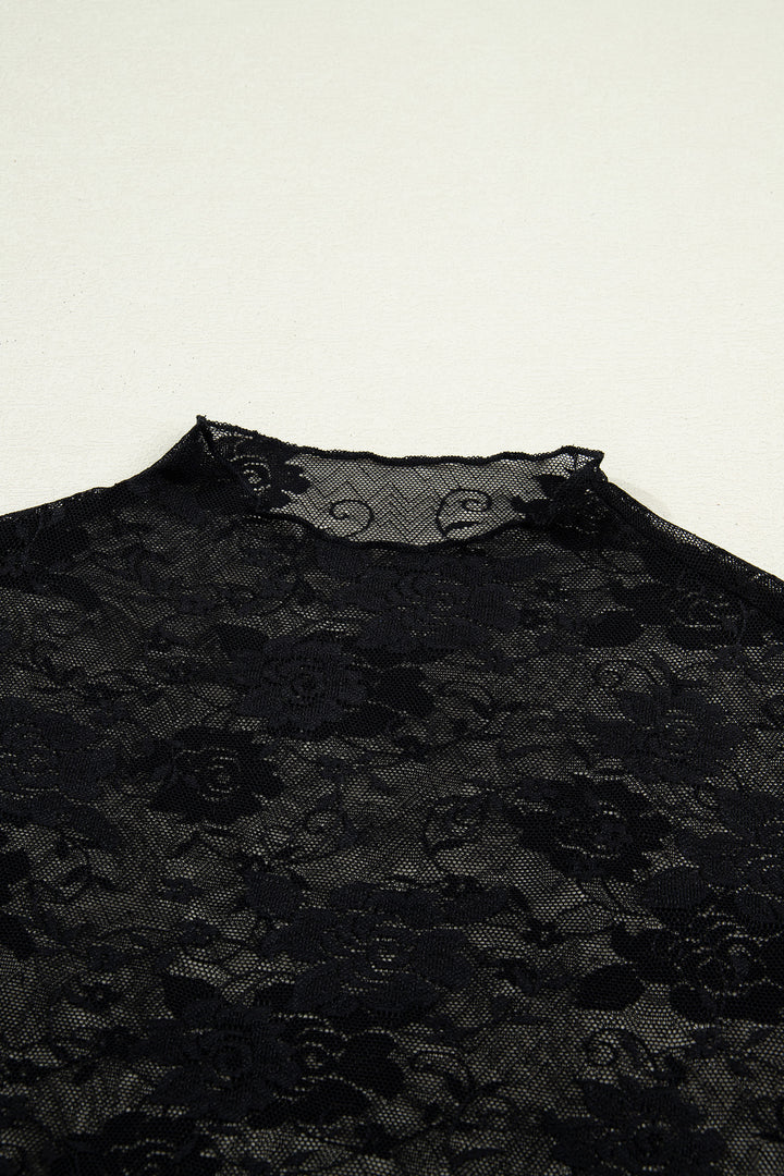 Black Floral Lace Mesh Short Sleeve Sheer Top