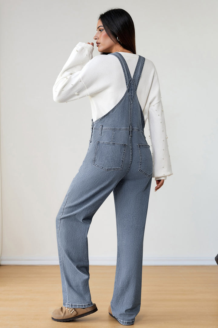 Light Blue Retro Bib Pocket Buckle Straps Casual Denim Jumpsuit