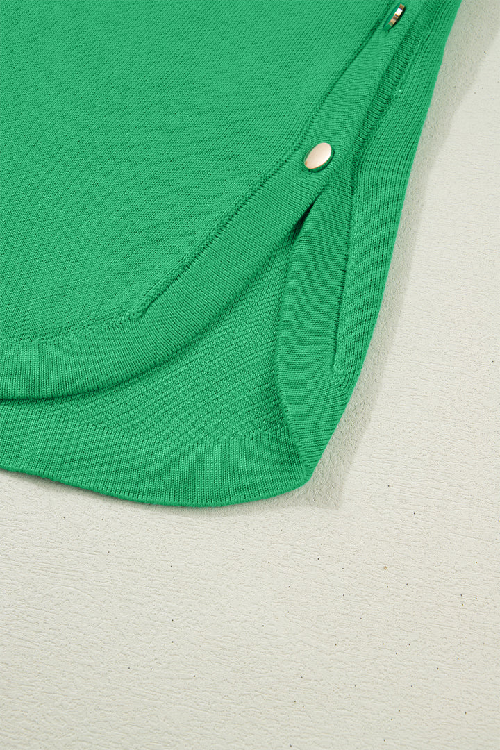 Bright Green Side Button Round Neck Knit Sleeveless Sweater