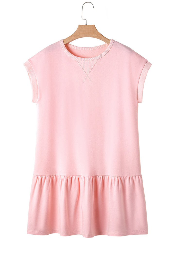 Apricot Pink Solid Color Cap Sleeve Drop Waist T Shirt Dress