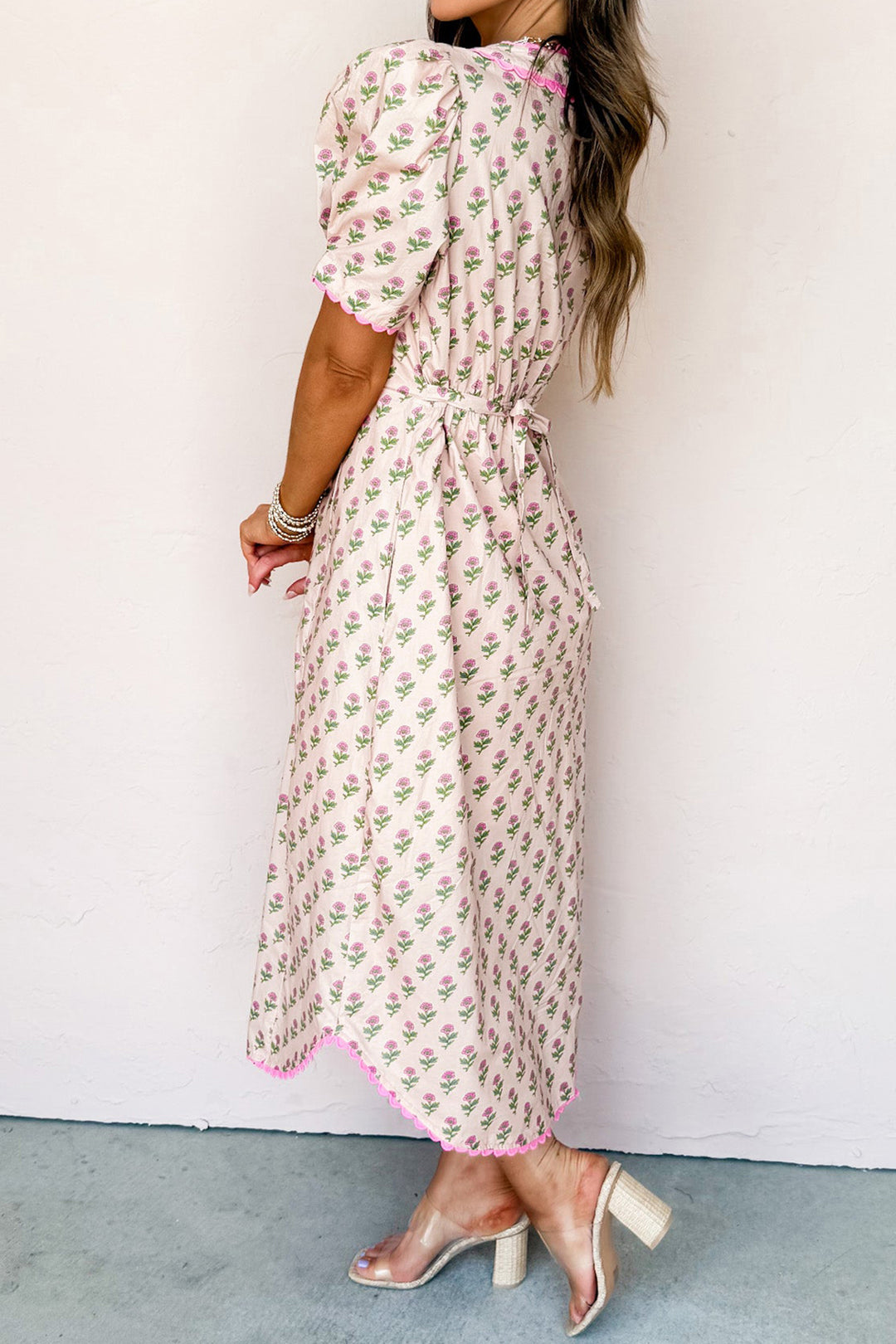 Pink Floral Print V Neck Scallop Trim Button Front Short Sleeve Long Dress