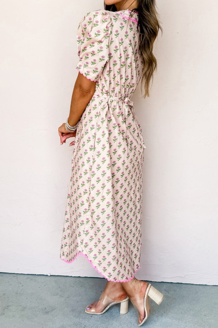 Pink Floral Print V Neck Scallop Trim Button Front Short Sleeve Long Dress