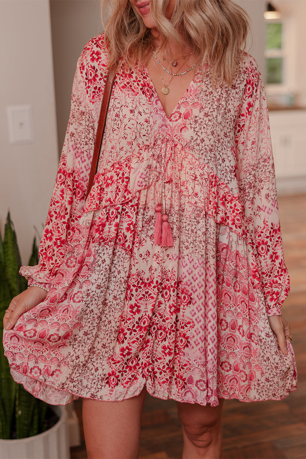 Pink Bohemian Floral Print Tassel Tie Long Sleeve Flowy Mini Dress Fashion By Maya Pink Bohemian Floral Print Tassel Tie Long Sleeve Flowy Mini Dress Fashion By Maya