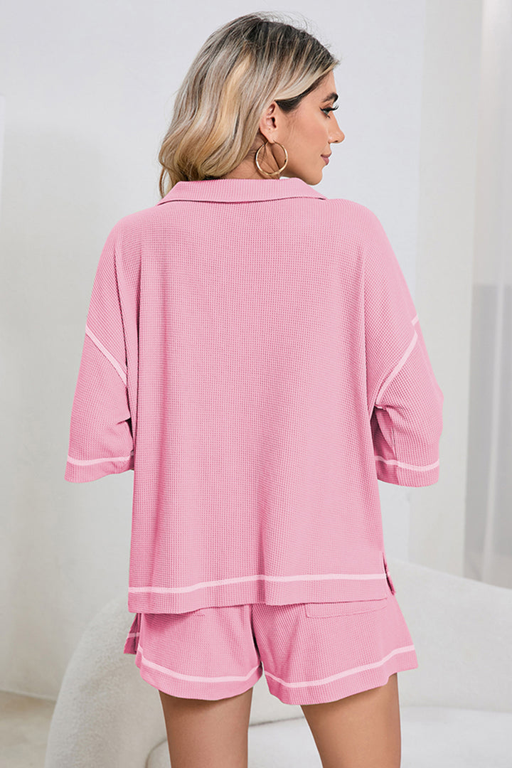 White Breathable Waffle Color Block Trim 2pcs Casual Short Set