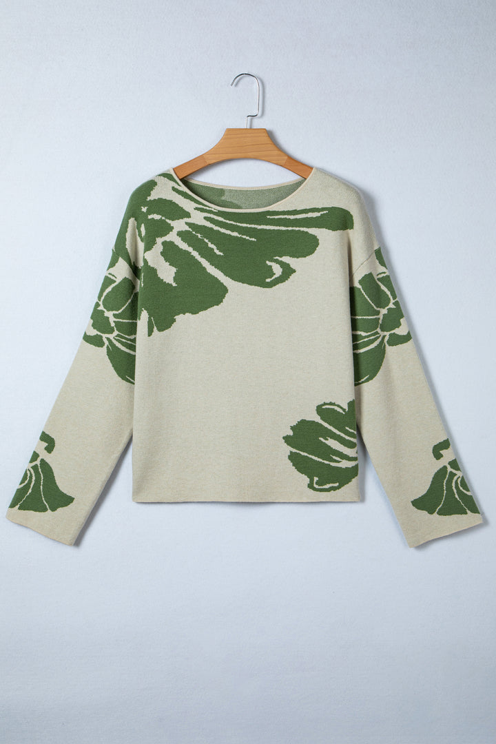 Green / Beige Bold Flower Pattern Wide Sleeve Baggy Sweater