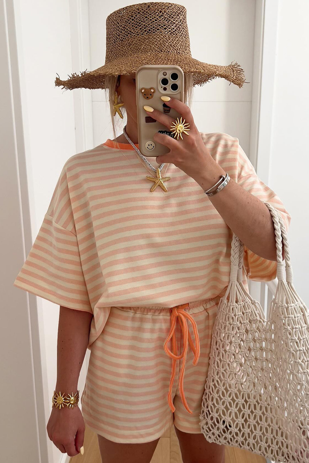 Sky Blue Stripe Contrast Neck Loose Tee and Drawstring Shorts Set