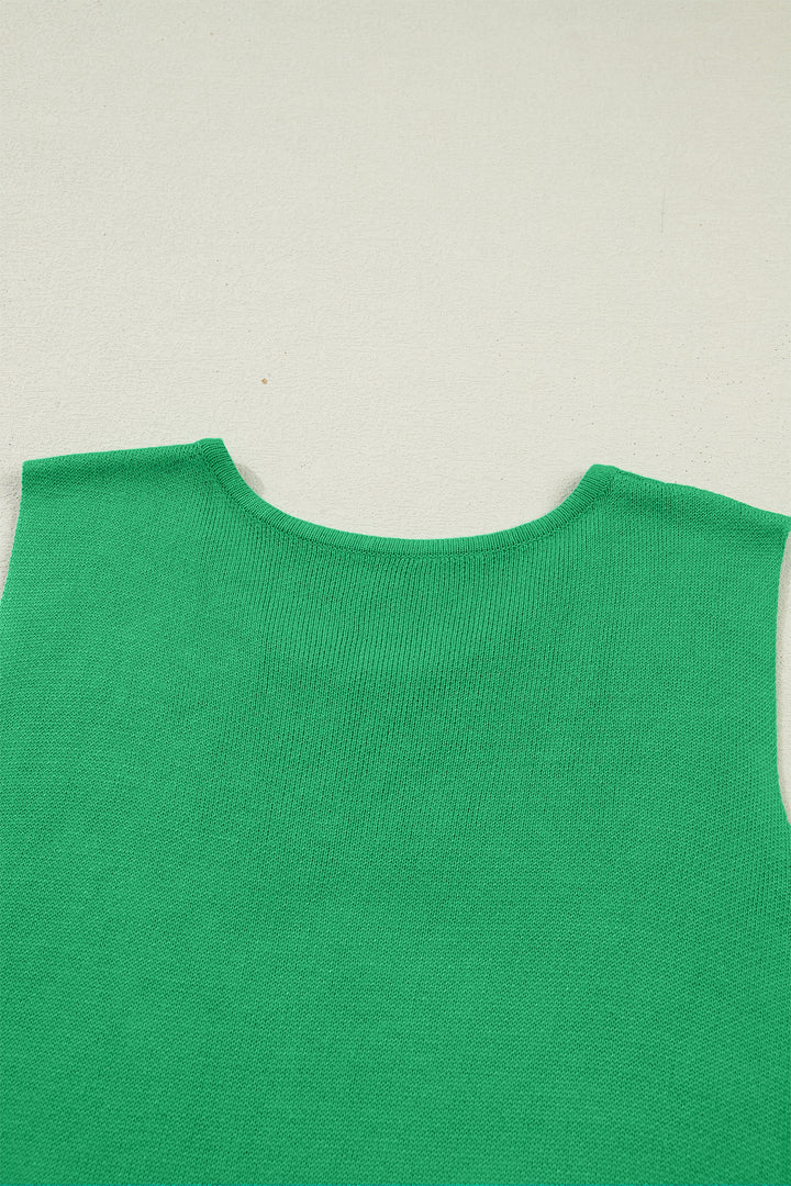 Bright Green Side Button Round Neck Knit Sleeveless Sweater