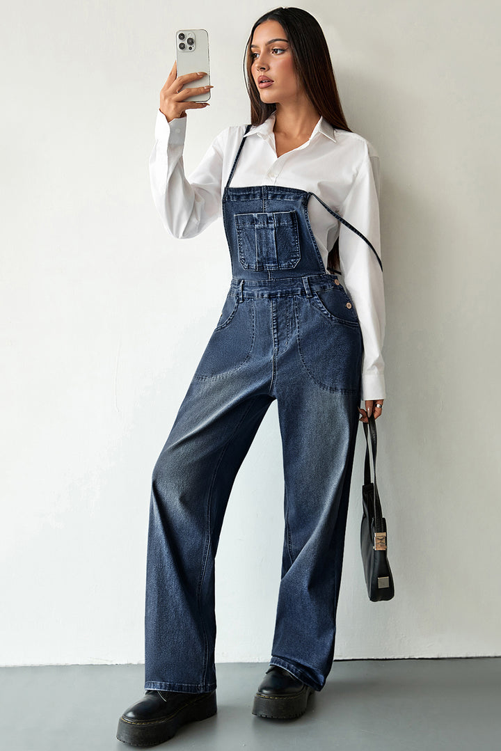 Dark Blue Crossed Tie Straps Bib Pocket Loose Denim Overalls / Dungarees