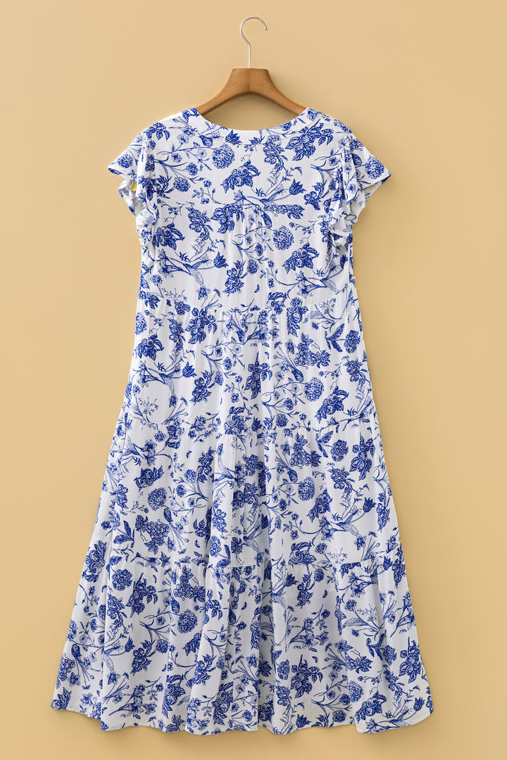Blue Ruffled Short Sleeve Tiered Floral Midi Dress