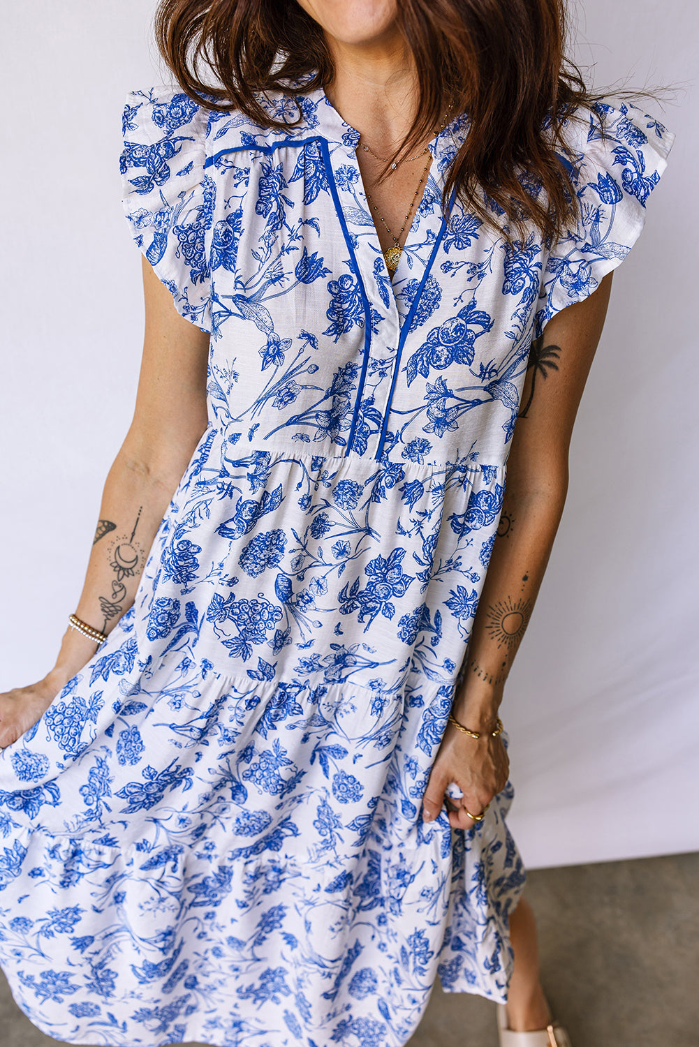 Blue Ruffled Short Sleeve Tiered Floral Midi Dress