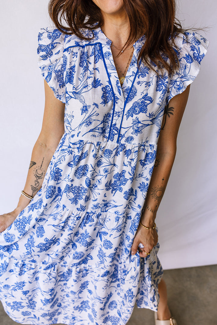 Blue Ruffled Short Sleeve Tiered Floral Midi Dress