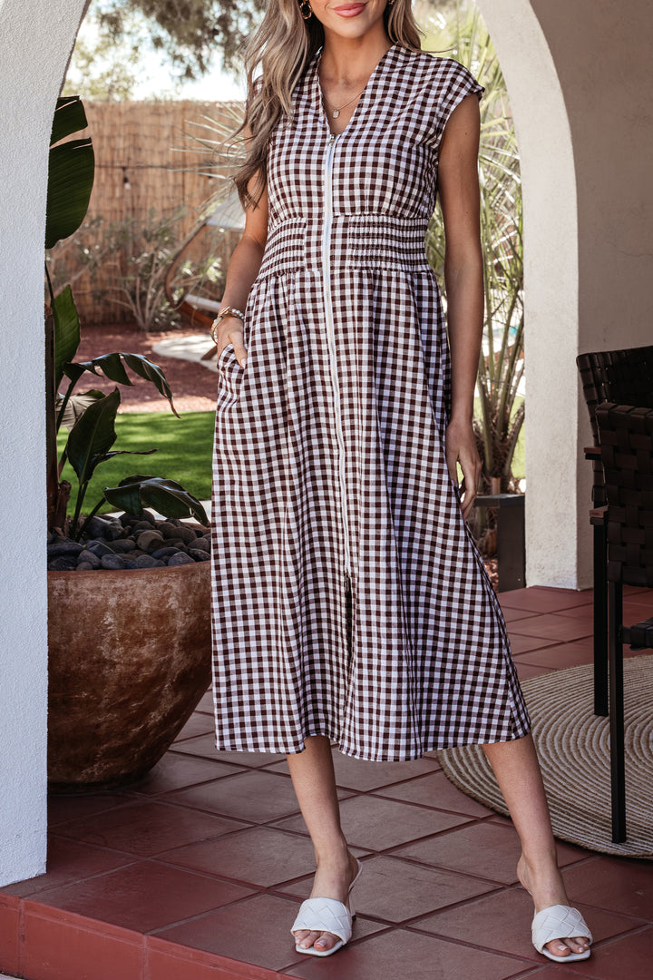 Coffee Plaid Print Full Zipper Cinched Waist Fit Flare Sleeveless Maxi Dress