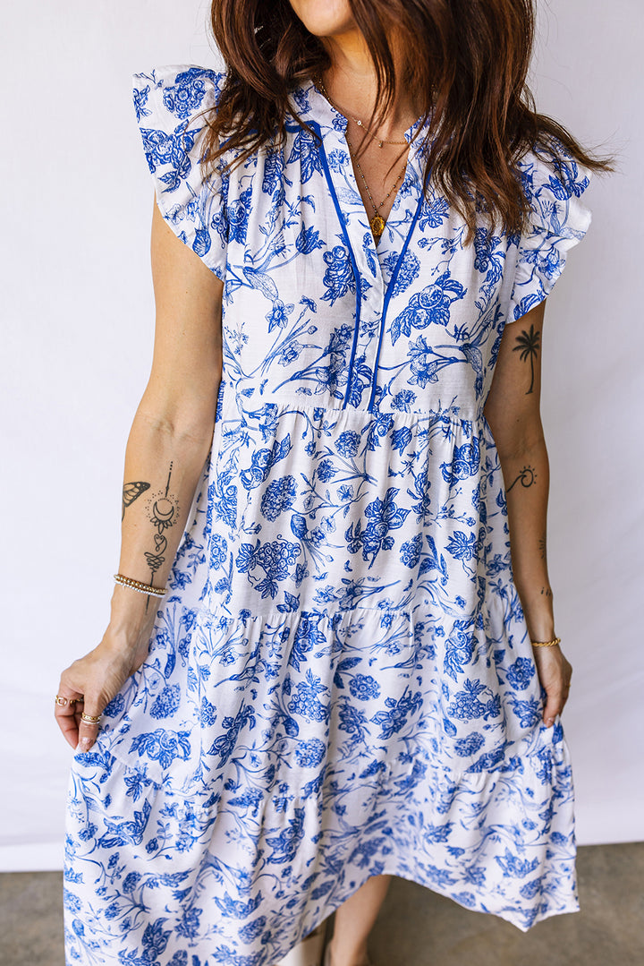 Blue Ruffled Short Sleeve Tiered Floral Midi Dress