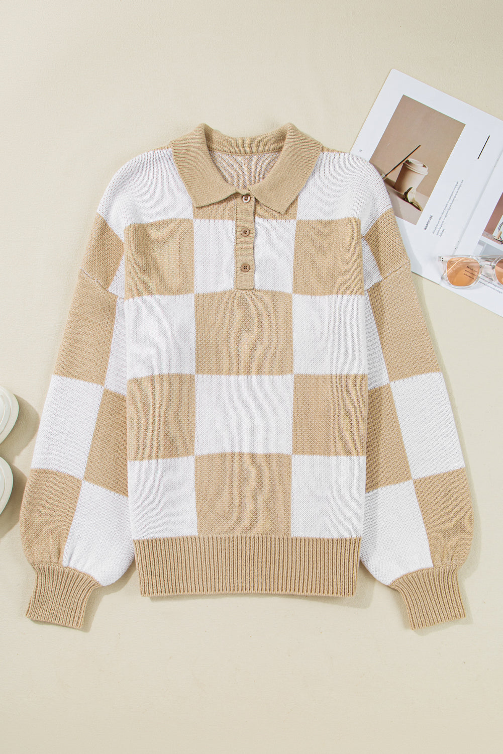 Mist Green Checkered Pattern Polo Collar Loose Sweater