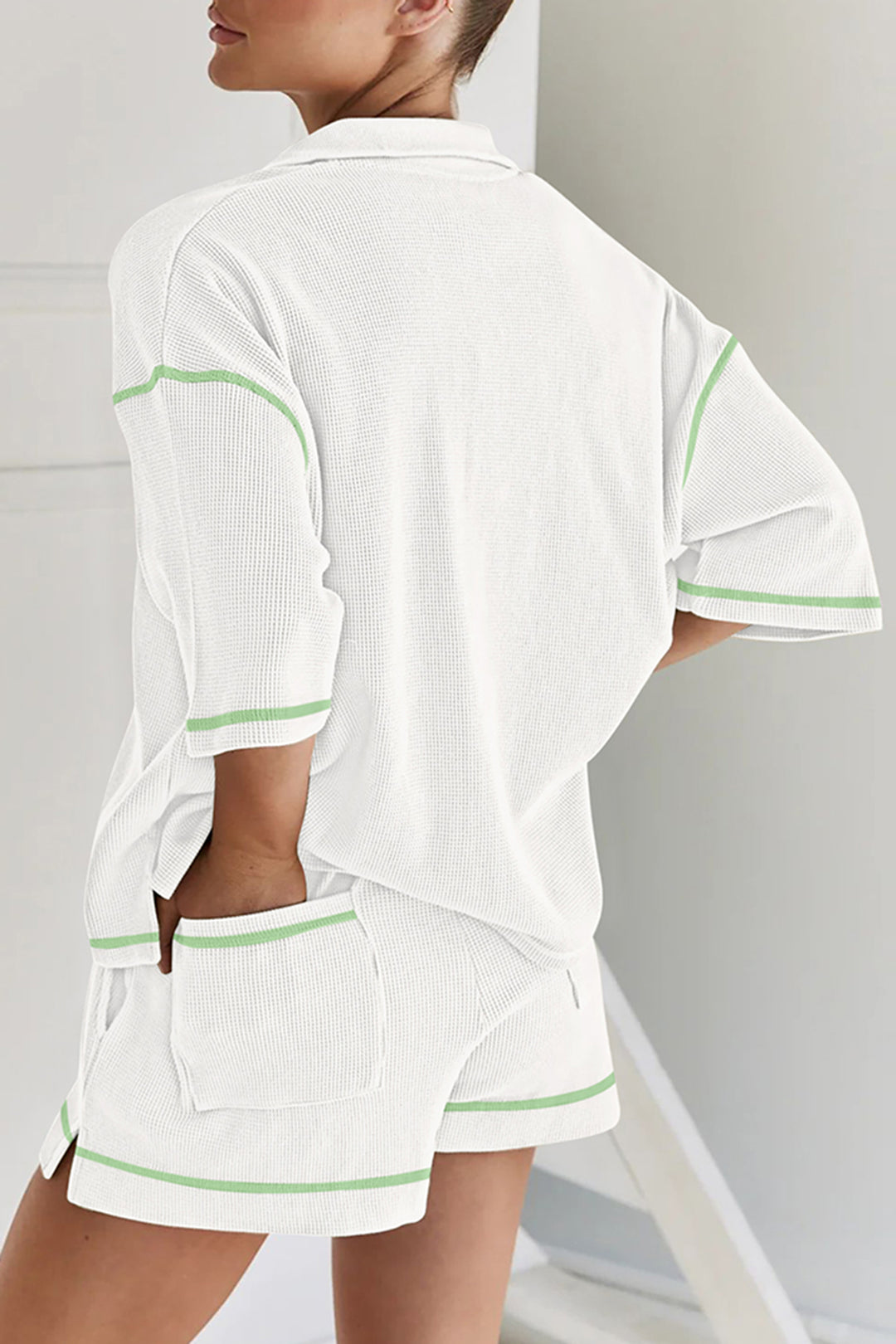 White Breathable Waffle Color Block Trim 2pcs Casual Short Set