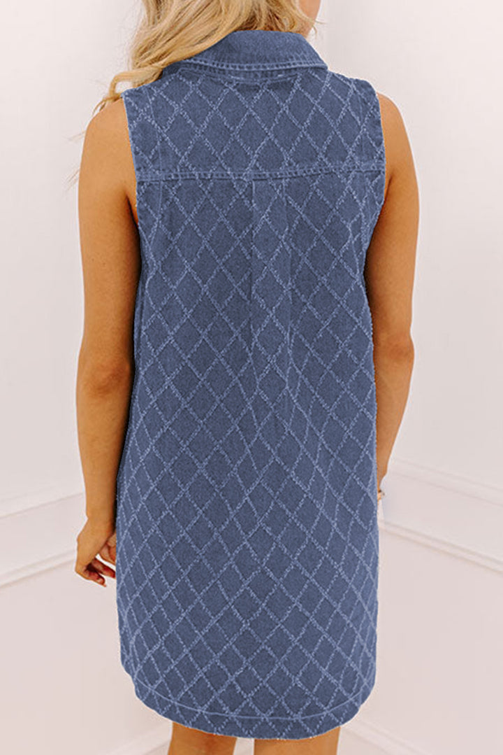 Sail Blue Rhombus Textured Collar Buttoned V Neck Denim Sleeveless Mini Dress