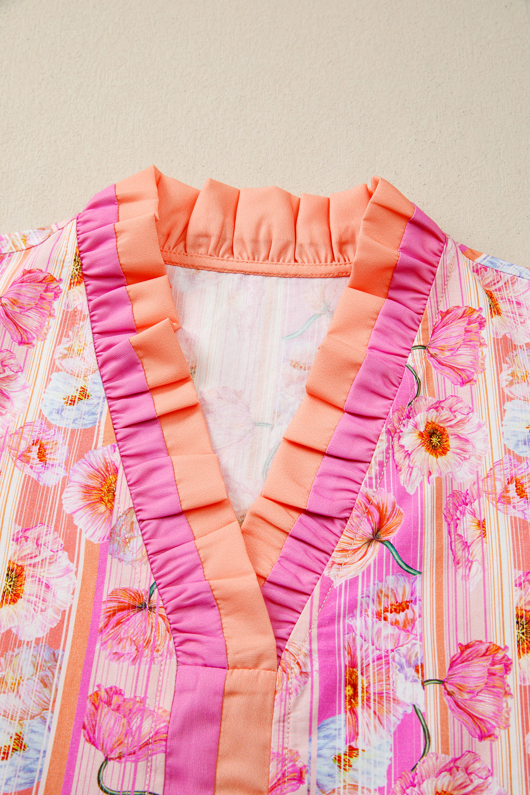 Pink Poppy Flower Striped Print Color Block Trim V Neck Short Sleeve Blouse