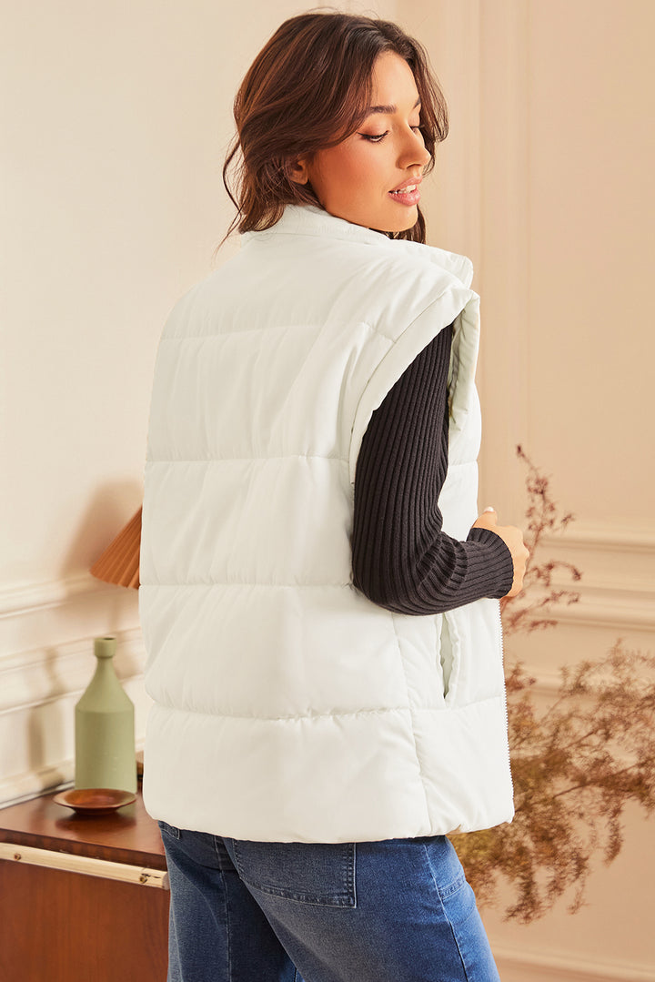 White Zipper Stand Neck Oversized Puffer Vest