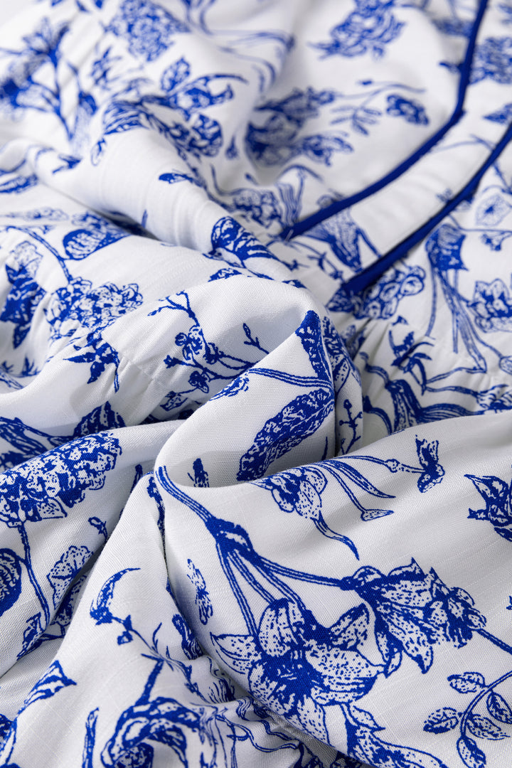 Blue Ruffled Short Sleeve Tiered Floral Midi Dress