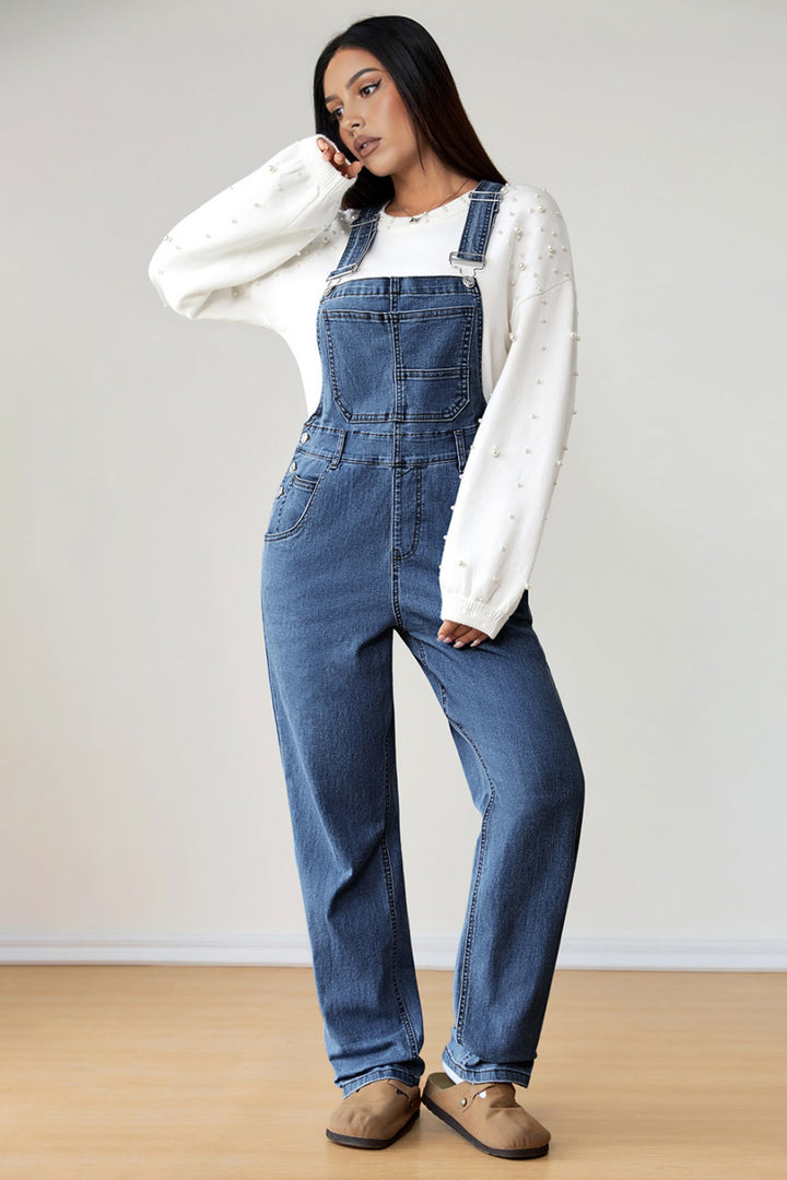 Light Blue Retro Bib Pocket Buckle Straps Casual Denim Jumpsuit