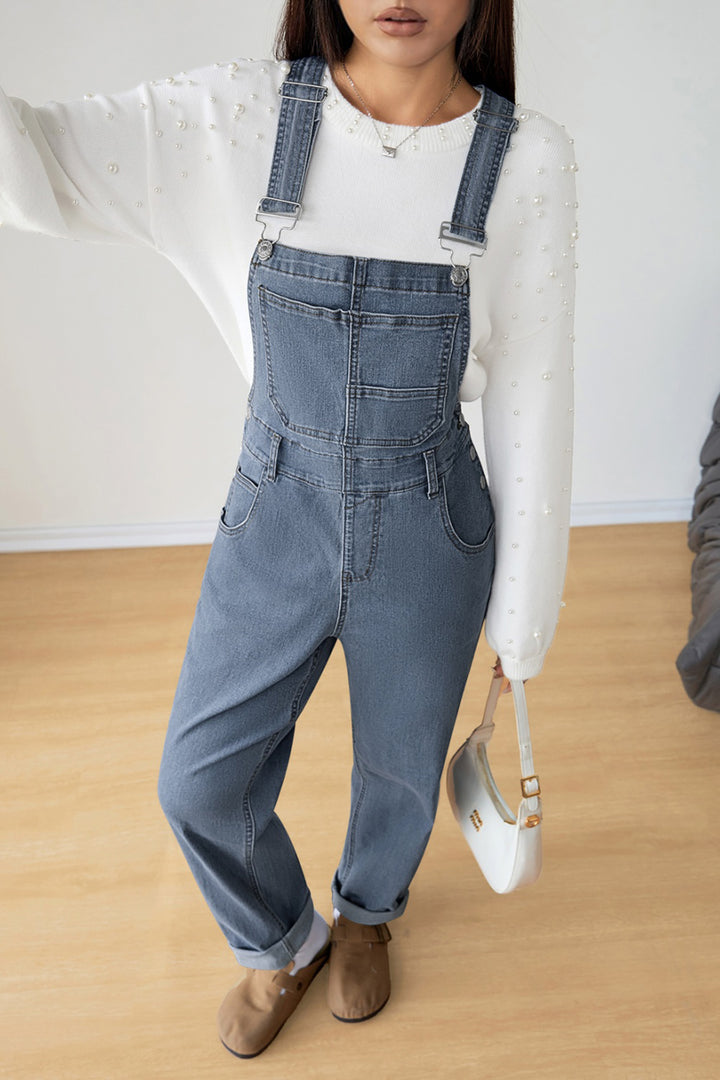 Light Blue Retro Bib Pocket Buckle Straps Casual Denim Jumpsuit