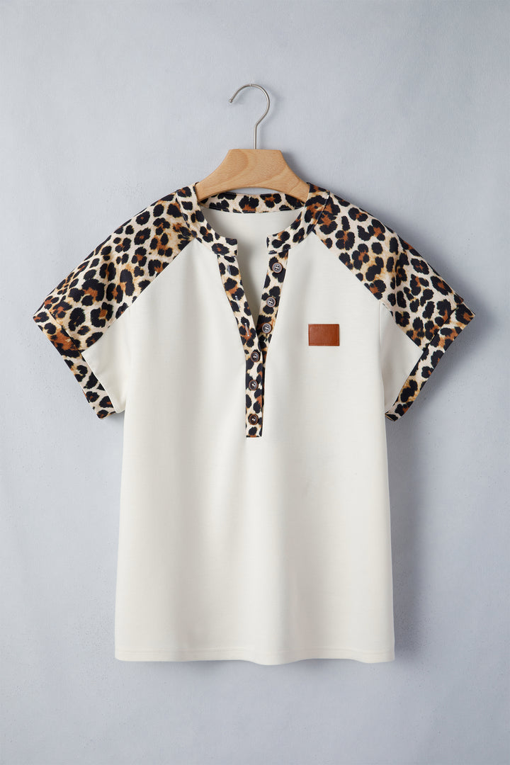 Beige Leopard Patchwork Half Button Short Sleeve Top