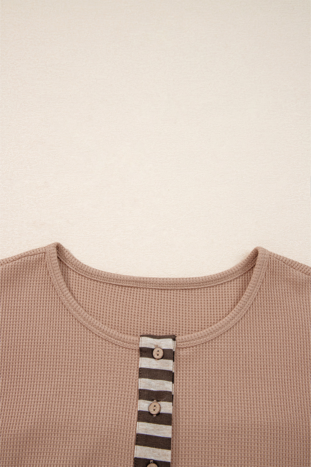 Beige Waffle Stripe Plaid Patchwork Henley Knit Top