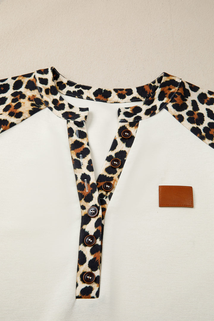 Beige Leopard Patchwork Half Button Short Sleeve Top