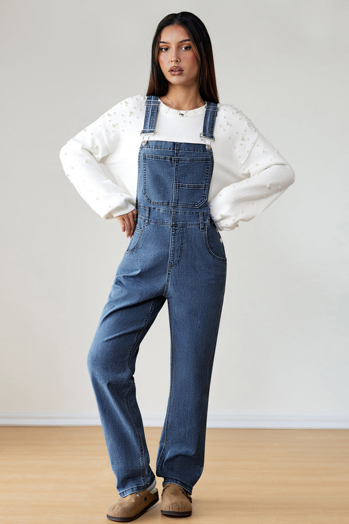 Light Blue Retro Bib Pocket Buckle Straps Casual Denim Jumpsuit