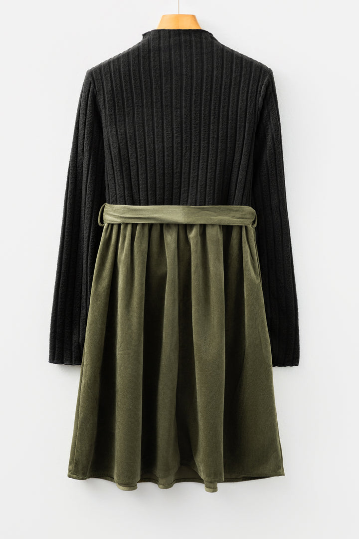 Black Ribbed Knit Slim Bodice Contrast Flared Skirt Patchwork Belted Dress