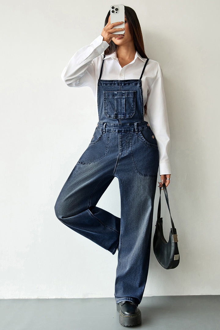 Dark Blue Crossed Tie Straps Bib Pocket Loose Denim Overalls / Dungarees