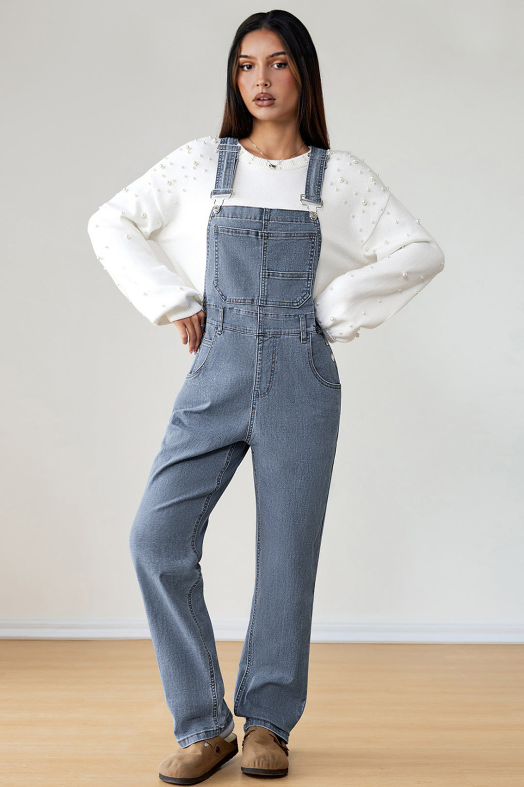 Light Blue Retro Bib Pocket Buckle Straps Casual Denim Jumpsuit