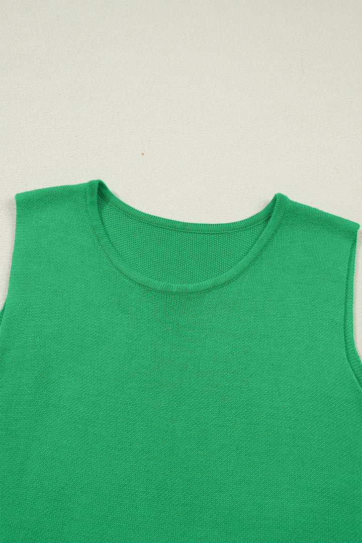 Bright Green Side Button Round Neck Knit Sleeveless Sweater