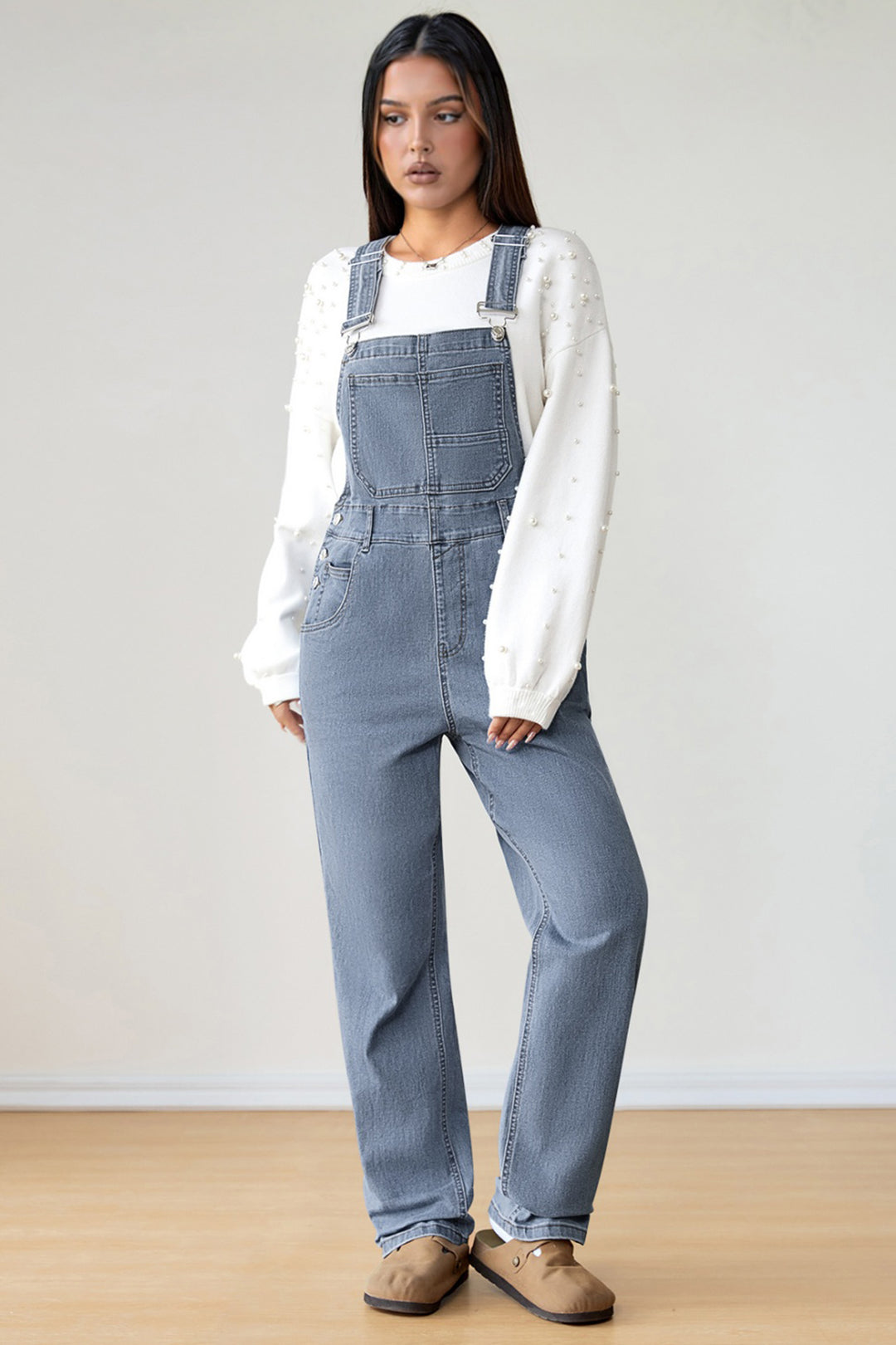 Light Blue Retro Bib Pocket Buckle Straps Casual Denim Jumpsuit